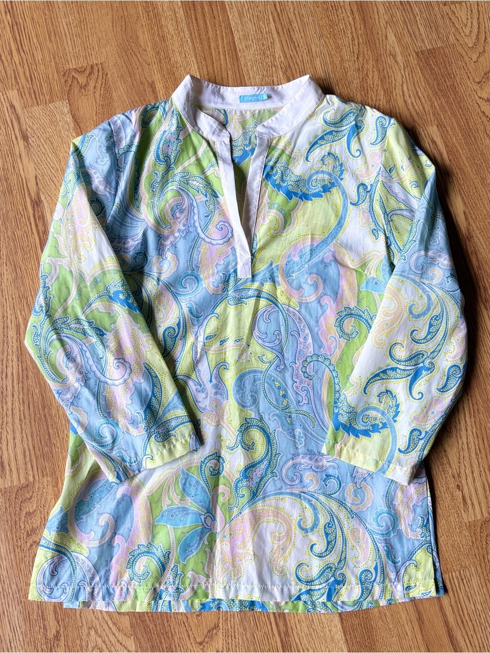 J. McLaughlin Paisley Silk Cotton Blouse Tunic Top Blue Yellow Luxury Beach Sz 6